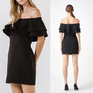 Endless Rose Ruffle Off-The-Shoulder Mini Dress - Black Medium NWT